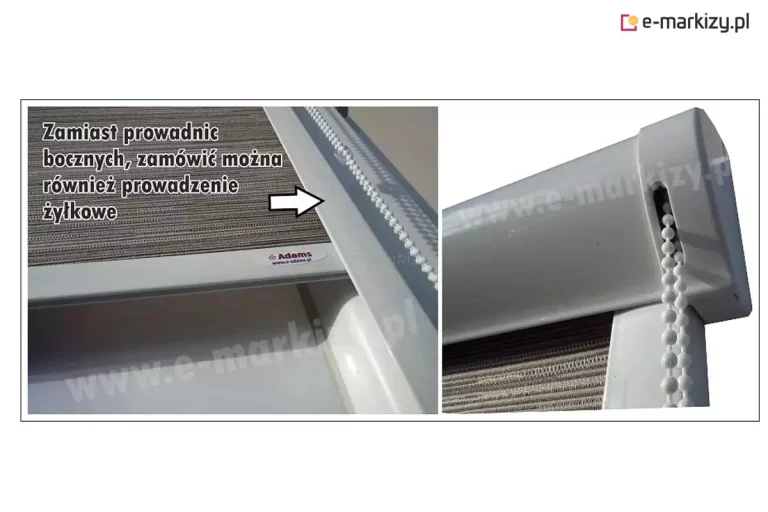 Zestawienie dwóch zdjęć rolety w kasecie z prowadnicami przestrzennymi z tkaniną tradycyjna w wąskie paski w odcieniach beżu i brązu. Po lewej widoczne połączenie obciążnika tkaniny i prowadnicy bocznej. W połowie wysokości na prowadnicę wskazuje gruba biała strzałka, a przy niej napis "Zamiast prowadnic bocznych, zamówić można również prowadzenie żyłkowe". Po prawej zbliżenie narożnika kasety w kolorze białym z widocznym miejscem umocowania prowadnicy przestrzennej oraz systemem sterowania za pomocą łańcuszka.