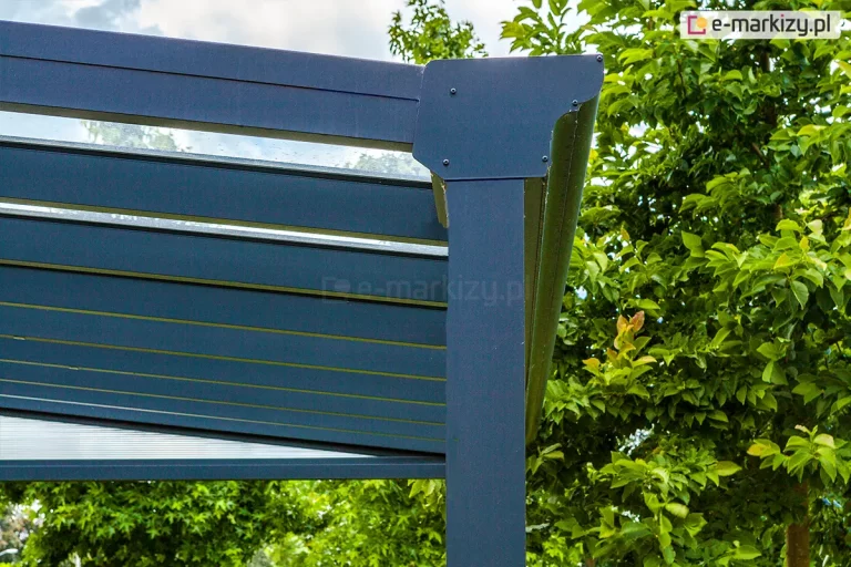 Zadaszenie tarasu Terano z konstrukcją w kolorze antracytowym, przejrzystym szkłem na dachu oraz widocznym w tle bocznym trójkątem z poliwęglanu. Wyraźnie widoczny na tle zielonych drzew klasyczny kształt wykończenia belki przedniej z rynną.