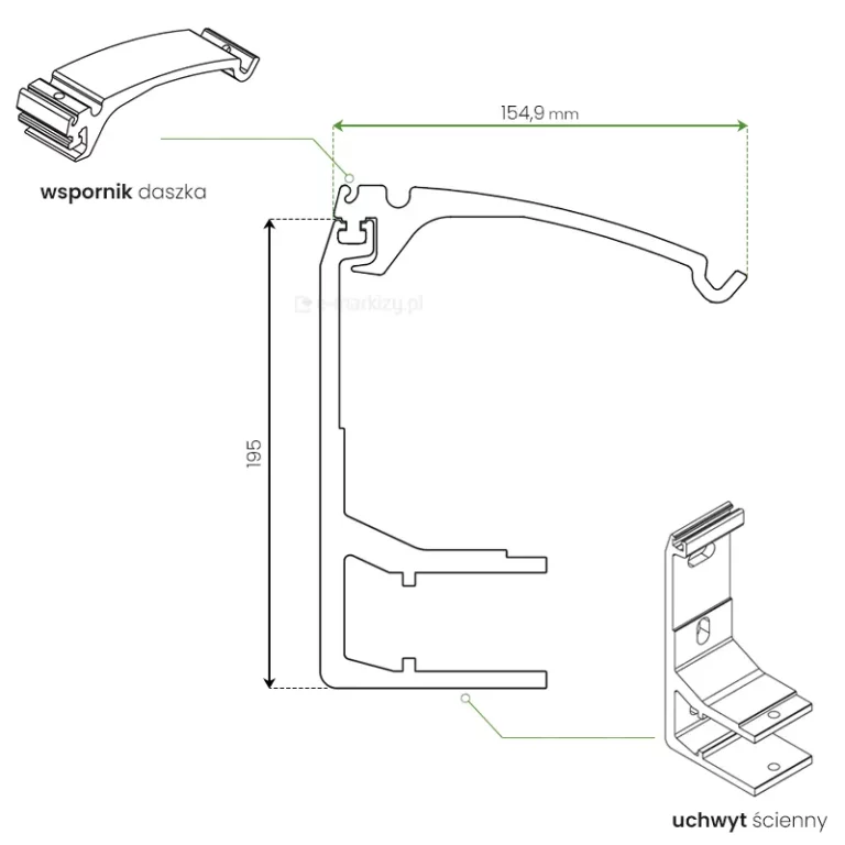 Schemat łączenia elementów mocujących daszka do markiz 225cm wspornika oraz uchwytu ściennego wraz z wymiarami, w lewym górnym rogu podpisany "wspornik daszka" rysunek wspornika i odnośnik od niego do środkowego schematu, w prawym dolnym rogu rysunek uchwytu ściennego podpisany "uchwyt ścienny" z odnośnikiem od niego do środkowego schematu
