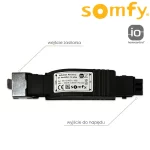 Przekrój centrali do żaluzji EVB Receiver IO firmy Somfy. Centralka 1-kanałowa PIKO z oznaczonym wejściem zasilania oraz wyjściem do napędu