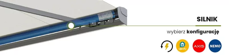 Zdjęcie przedstawia schemat techniczny ukazujący system napędowy, w który wyposażona jest markiza Corsica Selt. Na grafice widoczny jest fragment rozłożonej osłony z jasnym poszyciem oraz ciemnoszarym profilem kasetowym, wewnątrz którego wyeksponowano silnik rurowy oznaczony niebieskim kolorem z białą kropką wskazującą jego położenie. Po prawej stronie obrazu znajduje się sekcja informacyjna z dużym napisem SILNIK oraz dopiskiem "wybierz konfigurację". Poniżej umieszczono ikony symbolizujące napęd elektryczny oraz logotypy kompatybilnych systemów sterowania automatycznego: Somfy, AXIS oraz NEMO. Całość na białym tle precyzyjnie obrazuje integrację silnika z konstrukcją kasetową, co zapewnia komfortową i zautomatyzowaną obsługę osłony tarasowej.