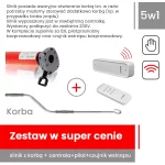 Zdjęcie produktowe prezentuje rozbudowany zestaw do automatyzacji - promocja 5w1, w skład którego wchodzi silnik do markiz oraz dedykowane akcesoria sterujące. Na białym tle, w centralnej i lewej części, widoczny jest fragment czerwonego napędu rurowego z szarą głowicą wyposażoną w czarne ucho do awaryjnego zwijania. Poniżej znajduje się długa, srebrna korba z szarymi uchwytami, oznaczona napisem Korba. Po prawej stronie zestawu, oddzielonej czerwonym symbolem plusa w okręgu, umieszczono biały czujnik wstrząsu z czerwonymi falami radiowymi oraz biały, wielokanałowy pilot zdalnego sterowania. W górnej części grafiki znajduje się blok tekstu w języku polskim opisujący funkcje zestawu: awaryjne otwieranie korbą, zewnętrzną centralkę, zasilanie 230V oraz informację o dołączonym pilocie i czujniku wstrząsu. W prawym górnym rogu widnieją ikony: szary kwadrat z napisem 5w1, ikona dłoni (sterowanie ręczne) oraz ikona fal radiowych (sterowanie bezprzewodowe). Dolną część obrazu zajmuje intensywnie czerwony panel z białym napisem Zestaw w super cenie, pod którym na ciemnoszarym pasku wyliczono elementy składowe: silnik z korbą + centrala + pilot + czujnik wstrząsu.