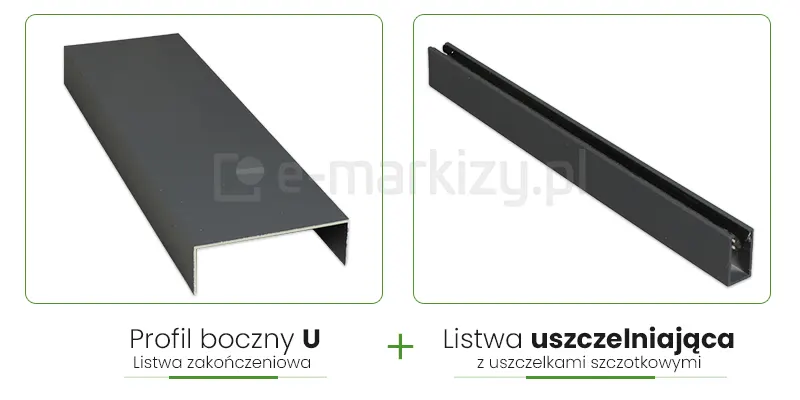 Grafika przedstawia dwa uzupełniające się elementy wykończeniowe systemu przesuwanego Auris, zaprezentowane na osobnych zdjęciach produktowych w kolorze antracytowym. Po lewej stronie widoczny jest profil boczny U, pełniący funkcję listwy zakończeniowej, o gładkiej powierzchni i matowym wykończeniu. Po prawej stronie ukazano listwę uszczelniającą, która wyposażona jest w wewnętrzne uszczelki szczotkowe, widoczne wzdłuż środkowego wgłębienia profilu. Oba komponenty wykonane są z aluminium i stanowią integralną część systemu szklanych ścian, zapewniając estetyczne domknięcie konstrukcji oraz poprawę szczelności. Całość opatrzona jest czytelnymi podpisami pod każdym z elementów, oddzielonymi symbolem plusa, co sugeruje ich wspólne zastosowanie w montażu.
