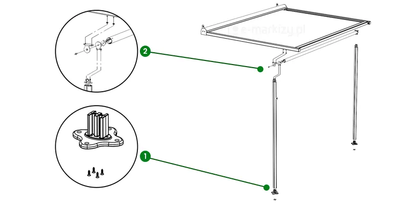 Skrócona instrukcja montażu pergoli Vera Sola — ilustracja pokazuje kolejne kroki instalacji nowoczesnej pergoli tarasowej z tkaninowym dachem. Vera Sola to elegancka i funkcjonalna pergola przeciwsłoneczna, idealna do montażu przyściennego i wolnostojącego.