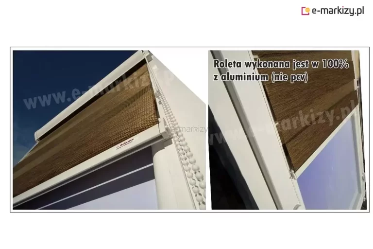 Dwa ujęcia rolety w kasecie z prowadnicami żyłkowymi oraz tkaniną dzień noc. Po lewej na białej ramie okna widoczny od dołu biały obciążnik z tkaniną w kolorze brązowym z niewidocznymi pasami oraz zwisający z kasety biały łańcuszek. Po prawej ta sama roleta widoczna w połowie wysokości. Pasy tkaniny ustawione w trybie zaciemnienia. Na prawym zdjęci, w jego górnej części napis "Roleta wykonana jest w 100{e3933235a64fccd7de26a4f842e7e798e8da8f3cc380da0bec2b0bf1a35f755f} z aluminium (nie pcv)".