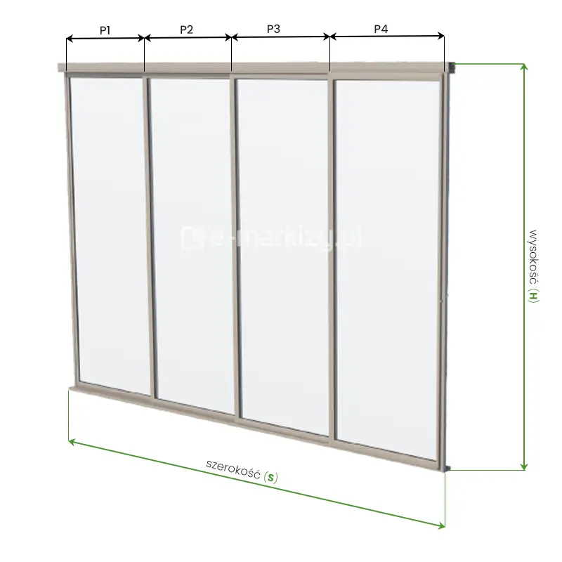 Grafika instruktażowa przedstawia prawidłowy sposób pomiaru otworu pod montaż systemu drzwi przesuwnych Sotro na przykładzie konstrukcji czteropanelowej. Na trójwymiarowej wizualizacji przeszklenia naniesiono linie wymiarowe określające kluczowe parametry techniczne niezbędne do zamówienia systemu. Całkowita szerokość otworu została oznaczona literą „S” i mierzona jest w świetle dolnej prowadnicy, natomiast wysokość konstrukcji, oznaczona literą „H”, mierzona jest pionowo od podłoża do górnej krawędzi szyny prowadzącej. Dodatkowo schemat uwzględnia podział szerokości na poszczególne segmenty, oznaczone symbolami od P1 do P4, co pozwala na precyzyjne określenie szerokości pojedynczego skrzydła przesuwnego. Całość prezentuje minimalistyczną konstrukcję w kolorze beżowym lub szampańskim, zamontowaną w gotowym otworze architektonicznym.