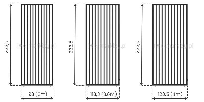 Schemat techniczny trzech wariantów pionowych paneli dekoracyjnych do pergoli Rubio Soft, przedstawiony w formie czarnych rysunków liniowych na białym tle. Panele składają się z ramy wypełnionej pionowymi szczeblinami. Wszystkie modele mają stałą wysokość 233,5 cm. Podane szerokości to odpowiednio: 93 cm dla modułu 3m, 113,3 cm dla modułu 3,6m oraz 123,5 cm dla modułu 4m. Pod każdym schematem panelu widoczne są dwa punkty podparcia, a całość opatrzona jest precyzyjnymi liniami pomocniczymi wskazującymi wymiary zewnętrzne.