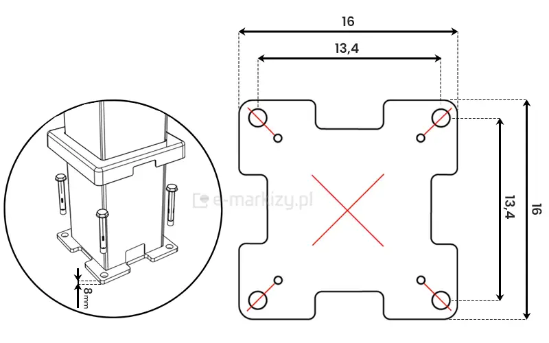 Rysunek techniczny na białym tle prezentuje szczegółowe parametry i schemat montażowy stopy pergoli Marlo Duo, skupiając się na rozstawie punktów mocujących. Po prawej stronie umieszczono rzut z góry stopy o charakterystycznym kształcie z wgłębieniami na każdym boku, przypominającym gruby krzyż. Na schemacie naniesiono precyzyjne linie wymiarowe: całkowita szerokość i wysokość stopy wynosi 16 centymetrów (oznaczone jako 16), natomiast osiowy rozstaw otworów montażowych w obu kierunkach to 13,4 centymetra (oznaczone jako 13,4). Cztery główne otwory montażowe w narożnikach zostały zaznaczone czerwonymi okręgami, a środek elementu wskazuje czerwony symbol krzyżyka. Dodatkowo przy każdym z głównych otworów widoczny jest mniejszy otwór pomocniczy. Po lewej stronie, wewnątrz czarnego okręgu, znajduje się wizualizacja izometryczna dolnej części słupa osadzonego w stopie. Pokazano tam sposób aplikacji czterech śrub kotwiących w narożne otwory. Na tym detalu zaznaczono również grubość samej podstawy stopy, która wynosi 8 milimetrów (oznaczone jako 8 mm). Powyżej stopy widoczna jest nasunięta na słup kwadratowa maskownica, przygotowana do opuszczenia i zakrycia elementów złącznych po zakończeniu montażu.