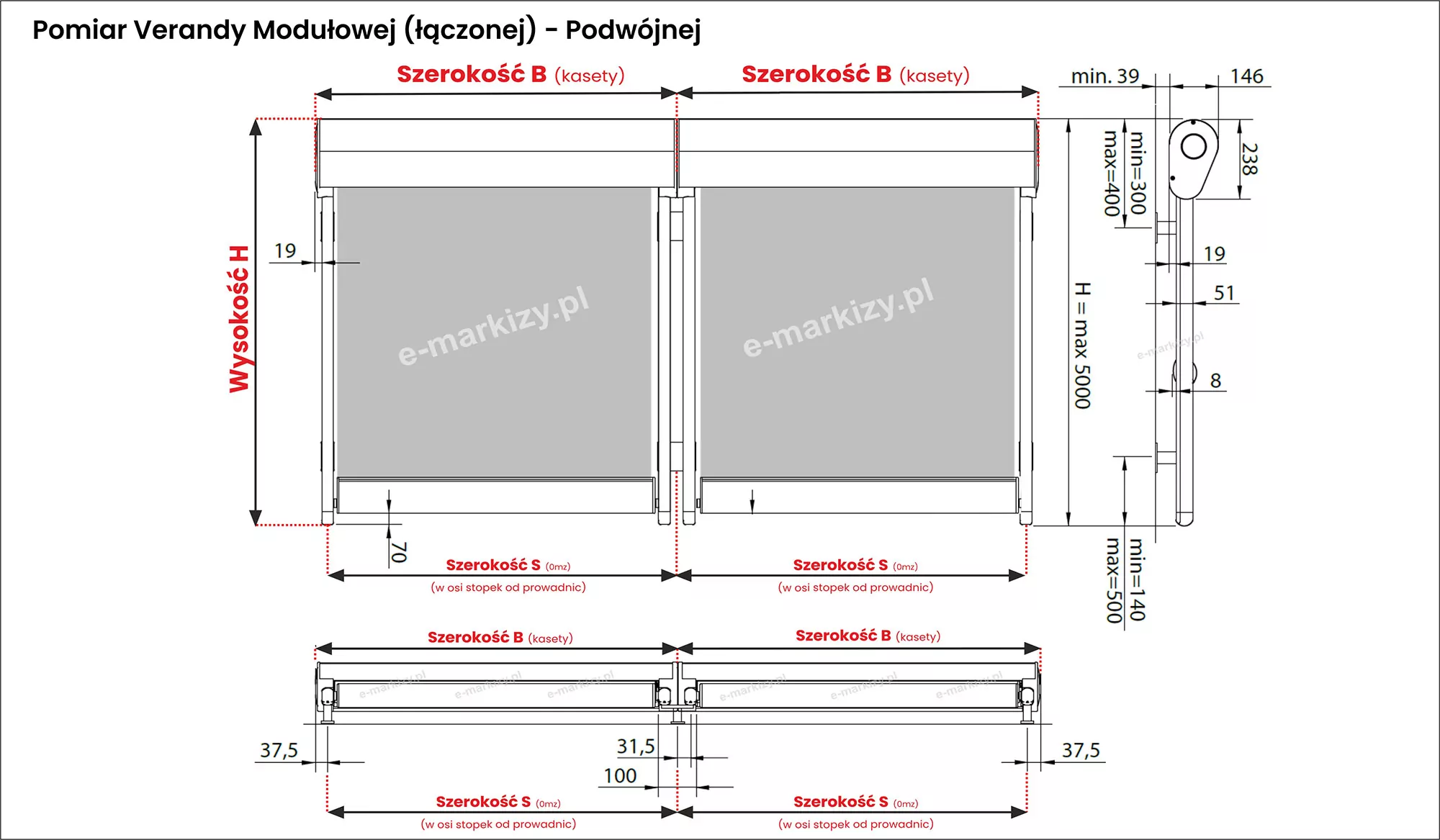 Rysunek techniczny przedstawia szczegółowe wytyczne dotyczące pomiaru Verandy Modułowej w wersji łączonej, która składa się z dwóch zestawów osłon przeciwsłonecznych. Grafika zawiera trzy główne widoki obejmujące rzut z góry, rzut z przodu oraz rzut z boku, które precyzyjnie definiują wszystkie kluczowe parametry instalacyjne. Całkowita wysokość osłony, oznaczona jako wysokość H, wynosi maksymalnie 5000 mm. Schemat definiuje również szerokość kasety, oznaczoną jako szerokość B, oraz szerokość rozstawu w osiach stopek prowadnic, oznaczoną jako szerokość S, odrębnie dla każdego z dwóch modułów. W rzucie z boku określono przekrój kasety wynoszący 238 mm oraz wymiary montażowe wsporników, w tym odległość od kasety do stopek w zakresie od 300 do 400 mm oraz dolny zakres montażu prowadnic od 140 do 500 mm. Rzuty z góry i z dołu obrazują proces łączenia dwóch modułów, wskazując na odległości krawędziowe wynoszące 37,5 mm, dystans między prowadnicami wynoszący 31,5 mm oraz całkowitą szerokość łączenia wynoszącą 100 mm. Dokumentacja techniczna uwzględnia także szereg dodatkowych przesunięć i marginesów montażowych, w tym odległości od ścian wynoszące minimum 39 mm oraz 146 mm, a także szerokość prowadnicy wynoszącą około 30 mm.