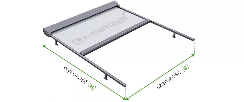Ilustracja 3D w formie izometrycznej prezentuje system osłony przeciwsłonecznej typu Veranda, zaprojektowany jako rozwiązanie poziome montowane nad zadaszeniami. Głównym celem grafiki jest wizualizacja kluczowych parametrów wymiarowych niezbędnych do prawidłowego pomiaru systemu przed zamówieniem. Schemat wskazuje na dwa podstawowe wymiary: „wysokość (H)”, która odnosi się do długości prowadnic wraz z kasetą, oraz „szerokość (S)”, definiującą rozstaw między zewnętrznymi krawędziami prowadnic. Obraz przedstawia kompaktową konstrukcję z zaokrągloną kasetą główną oraz dwiema równoległymi prowadnicami wspartymi na słupkach montażowych, co pozwala na precyzyjne odniesienie wymiarów (H) i (S) do realnych elementów technicznych markizy.
