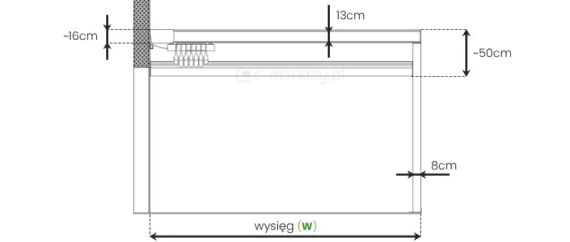 Schemat pergoli Square Flat MOL z ukazanymi wymiarami najważniejszych elementów osłony. Mocowanie do sciany około 16cm, wysokość belki dachu 13 cm, wymiar boczny słupka frontowego 8 cm, a wysokość dachu z tkaniną i boczną rynną około 50 cm.