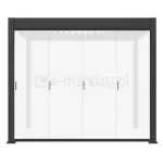 Frontowe drzwi z paneli szklanych przesuwane na prowadnicach jako zabudowa boku pergoli tarasowej