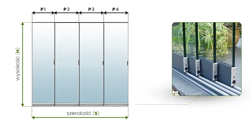 Schemat techniczny i wizualizacja sposobu pomiaru oraz montażu szklanych ścian przesuwnych Auris dla systemu 4-panelowego. Po lewej stronie znajduje się rysunek techniczny czterech tafli szkła oznaczonych jako P1, P2, P3 i P4, z zaznaczonymi wymiarami: szerokość całkowita (S) oraz wysokość (H). Po prawej stronie widoczne jest zdjęcie detalu dolnej prowadnicy czterotorowej w kolorze antracytowym, na której osadzone są wózki jezdne z profilami dolnymi trzymającymi szklane panele. System pozwala na kaskadowe przesuwanie szyb po niezależnych torach.