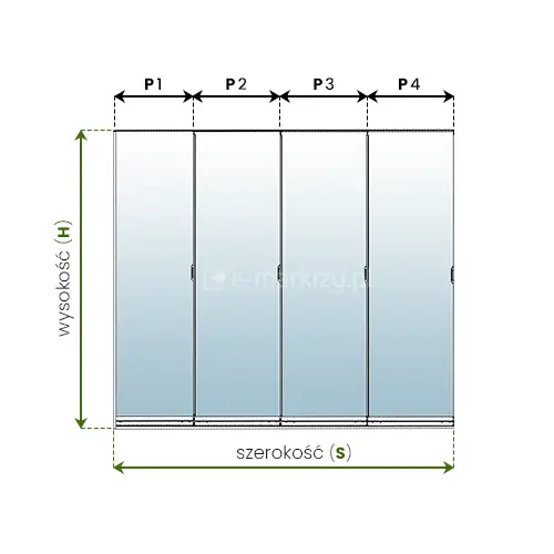 Szklane ściany przesuwne bezramowe Miros pomiar oznaczony na schemacie drzwi z czterema panelami szklanymi, których szerokość oznaczono od lewej strzałkami z symbolami P1, P2, P3, P4. Pomiar szerokości ukazano w dolnej części schematu oznaczając go dwukierunkową strzałką pomiędzy zewnętrznymi skrajami profili bocznych z umieszczonym nad nią napisem "szerokość (s)". Pomiar wysokości umieszczono po lewej stronie schematu, od krawędzi górnego profilu do krawędzi prowadnicy z torami dwukierunkową strzałką z umieszczonym obok niej napisem "wysokość (H)".