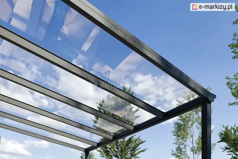 Szklany dach zadaszenia Terano wykonany z przejrzystych paneli szklanych umieszczonych na antracytowej konstrukcji w stylu klasycznym. Ponad zadaszeniem i pod nim widoczne kilka wysokich drzew oraz niebieskie niebo z kilkoma chmurkami.