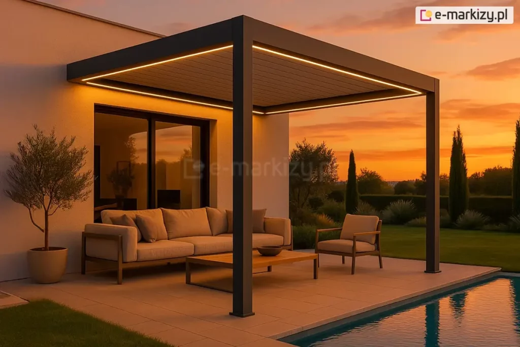 Nowoczesna pergola lamelowa Marlo w kolorze antracytowym, zainstalowana na przestronnym tarasie przy basenie w porze zachodu słońca. Konstrukcja jest zamontowana jedną stroną do jasnej elewacji budynku, a z przodu wspiera się na dwóch solidnych, kwadratowych profilach aluminiowych. Charakterystycznym elementem tej realizacji jest zintegrowane oświetlenie LED w formie liniowych pasów biegnących wzdłuż wewnętrznej krawędzi ramy zadaszenia, które emituje ciepłe, żółte światło. Pod pergolą zaaranżowano strefę wypoczynkową z beżową sofą ogrodową, fotelem oraz drewnianym stolikiem kawowym, ustawionymi na jasnych płytach tarasowych. Po lewej stronie widoczna jest roślina w donicy, a w tle duże przeszklenia prowadzące do wnętrza domu. Po prawej stronie kadru znajduje się fragment niecki basenowej z błękitną wodą, a dalej rozpościera się widok na ogród z przystrzyżonymi krzewami i drzewami na tle intensywnie pomarańczowego nieba. Lamele dachowe są całkowicie zamknięte, tworząc szczelne zadaszenie nad meblami ogrodowymi. Całość utrzymana w pomarańczowo-żółtym tonie zachodzącego słońca.