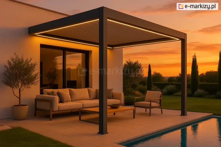 Nowoczesna pergola lamelowa Marlo w kolorze antracytowym, zainstalowana na przestronnym tarasie przy basenie w porze zachodu słońca. Konstrukcja jest zamontowana jedną stroną do jasnej elewacji budynku, a z przodu wspiera się na dwóch solidnych, kwadratowych profilach aluminiowych. Charakterystycznym elementem tej realizacji jest zintegrowane oświetlenie LED w formie liniowych pasów biegnących wzdłuż wewnętrznej krawędzi ramy zadaszenia, które emituje ciepłe, żółte światło. Pod pergolą zaaranżowano strefę wypoczynkową z beżową sofą ogrodową, fotelem oraz drewnianym stolikiem kawowym, ustawionymi na jasnych płytach tarasowych. Po lewej stronie widoczna jest roślina w donicy, a w tle duże przeszklenia prowadzące do wnętrza domu. Po prawej stronie kadru znajduje się fragment niecki basenowej z błękitną wodą, a dalej rozpościera się widok na ogród z przystrzyżonymi krzewami i drzewami na tle intensywnie pomarańczowego nieba. Lamele dachowe są całkowicie zamknięte, tworząc szczelne zadaszenie nad meblami ogrodowymi. Całość utrzymana w pomarańczowo-żółtym tonie zachodzącego słońca.