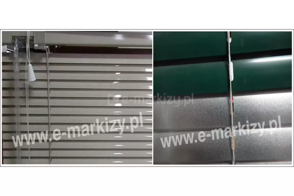 Zdjęcie składa się z dwóch paneli prezentujących różne warianty wykończenia i detale techniczne, jakie posiadają żaluzje poziome aluminiowe. Lewy panel ukazuje zbliżenie na żaluzje poziome aluminiowe w kolorze beżowym lub jasnoszarym o gładkiej, lekko połyskującej powierzchni. Lamele są ustawione poziomo w pozycji zamkniętej, tworząc jednolitą płaszczyznę. W lewej części widoczny jest mechanizm sterujący z białymi sznurkami zakończonymi dzwonkowym obciążnikiem oraz fragment przezroczystego pokrętła. Pionowo przez lamele przebiega cienka, biała drabinka sznurkowa, która stabilizuje konstrukcję. Oświetlenie odbijające się od lameli podkreśla ich metaliczną strukturę. Prawy panel przedstawia kontrastowe zestawienie dwóch różnych rodzajów lameli. Górna część ukazuje żaluzje poziome aluminiowe w kolorze ciemnozielonym o gładkim, satynowym wykończeniu. Dolna część prezentuje lamele w kolorze srebrnym o wyraźnej, ziarnistej teksturze przypominającej efekt „szronu” lub drobnego nakropienia. Przez obie sekcje przebiega pionowa, biała drabinka sznurkowa. Zbliżenie to pozwala dokładnie zaobserwować różnice w fakturze materiału oraz precyzyjne wycięcia w lamelach, przez które przechodzą sznurki prowadzące, co podkreśla technologiczną różnorodność dostępnych modeli.