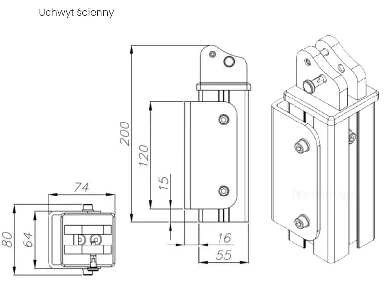 Rysunek techniczny przedstawiający szczegółowe wymiary uchwytu ściennego markizy bocznej Bora, wykonany w formie czarno-białego schematu liniowego na białym tle. Grafika zawiera trzy rzuty elementu: rzut z góry, rzut z boku oraz widok izometryczny, opatrzone nagłówkiem Uchwyt ścienny. Na rzucie z góry (po lewej stronie na dole) widoczny jest kwadratowy obrys profilu z dwiema wypustkami montażowymi. Całkowita szerokość elementu wraz ze wspornikiem wynosi 74 milimetry, natomiast głębokość została określona na 80 milimetrów, z czego wewnętrzny wymiar profilu to 64 milimetry. Środkowy rysunek przedstawia rzut boczny uchwytu wraz z naniesioną skalą pionową. Całkowita wysokość konstrukcji od dolnej krawędzi profilu do szczytu głowicy montażowej wynosi 200 milimetrów. Sam wspornik ścienny w kształcie litery U ma wysokość 120 milimetrów i jest odsunięty od dolnej krawędzi profilu o 15 milimetrów. Szerokość boczna wspornika wynosi 55 milimetrów, a grubość ścianki bocznej profilu to 16 milimetrów. Po prawej stronie znajduje się widok izometryczny, który obrazuje złożenie wszystkich komponentów: pionowego profilu o złożonej geometrii, nasadzonej na niego głowicy z uchem montażowym oraz bocznego wspornika ściennego przykręconego dwiema śrubami imbusowymi. Cienkie linie wymiarowe i pomocnicze precyzyjnie definiują parametry techniczne niezbędne do prawidłowego montażu markizy.