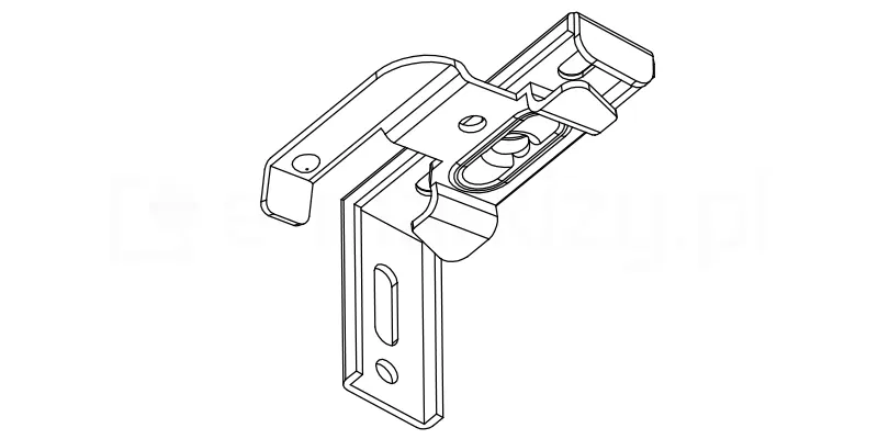 Schematyczny rysunek techniczny w rzucie izometrycznym przedstawia metalowy uchwyt montażowy typu twist, przeznaczony do instalacji rynny górnej żaluzji aluminiowej 50 mm. Komponent składa się z dwóch głównych części: pionowej podstawy z podłużnym otworem montażowym, służącej do przykręcenia elementu do ściany, ramy okiennej, wnęki lub sufitu oraz poziomej platformy nośnej. Na górnej powierzchni platformy widoczny jest mechanizm ryglowy z ruchomą, wyprofilowaną dźwignią. Kształt uchwytu jest zaprojektowany tak, aby krawędzie rynny żaluzji mogły zostać wsunięte pod zagięte profile metalowe, a następnie trwale zablokowane poprzez obrót dźwigni, co zapewnia stabilne i bezpieczne zawieszenie całej konstrukcji osłony. Rysunek wykonany jest czarną linią na białym tle, precyzyjnie oddając detale konstrukcyjne, takie jak przetłoczenia wzmacniające i punkty obrotu mechanizmu blokującego.