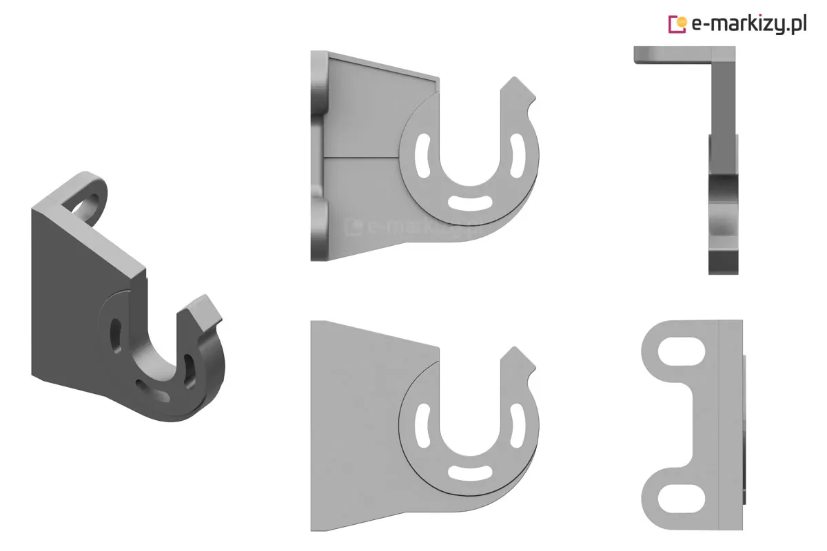 Grafika techniczna na czystym białym tle prezentuje wielostronną wizualizację uchwytu bocznego, w który wyposażona jest markiza balkonowa poręczowa. Zestaw zawiera pięć ujęć tego samego elementu wykonanego z metalu w kolorze jasnoszarym: jeden widok izometryczny 3D oraz cztery rzuty płaskie (z boku, z przodu, z góry i z tyłu). Uchwyt charakteryzuje się masywną, trójkątną podstawą montażową z dwoma owalnymi otworami na śruby oraz specyficznym, półotwartym gniazdem w kształcie litery U. Gniazdo to posiada dodatkowe łukowate wycięcia technologiczne, które umożliwiają stabilne osadzenie rury nawojowej markizy oraz ewentualną regulację kąta nachylenia. Precyzyjne przedstawienie komponentu pod różnymi kątami pozwala na dokładne zrozumienie jego budowy oraz sposobu instalacji na elewacji lub ramie okiennej.