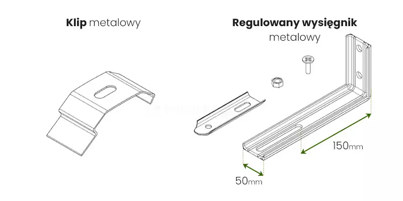 Grafika techniczna przedstawia zestaw akcesoriów montażowych przeznaczonych do instalacji systemów osłonowych, takich jak żaluzje pionowe. Na białym tle zaprezentowano dwa główne elementy w formie rysunków konturowych. Po lewej stronie znajduje się klip metalowy – wygięty element z blachy z podłużnym otworem montażowym na górnej płaszczyźnie, służący do bezpośredniego zatrzaśnięcia szyny. Po prawej stronie przedstawiony jest regulowany wysięgnik metalowy w formie kątownika o ramionach ustawionych pod kątem prostym. Pionowe ramię wysięgnika posiada dwa okrągłe otwory do przykręcenia do ściany, natomiast poziome ramię wyposażone jest w długą szczelinę regulacyjną. Nad poziomym ramieniem widoczne są elementy złączne: śruba z łbem krzyżowym oraz nakrętka sześciokątna, a obok znajduje się mniejsza blaszka adaptacyjna. Na rysunku naniesiono zielone linie wymiarowe wskazujące zakres regulacji wysięgnika: całkowitą długość ramienia poziomą wynoszącą 150 mm oraz zakres wysunięcia elementu mocującego wynoszący 50 mm. Całość stanowi instruktażowy schemat komponentów pozwalających na stabilne i precyzyjne zamocowanie żaluzji pionowych z zachowaniem odpowiedniego dystansu od ściany.