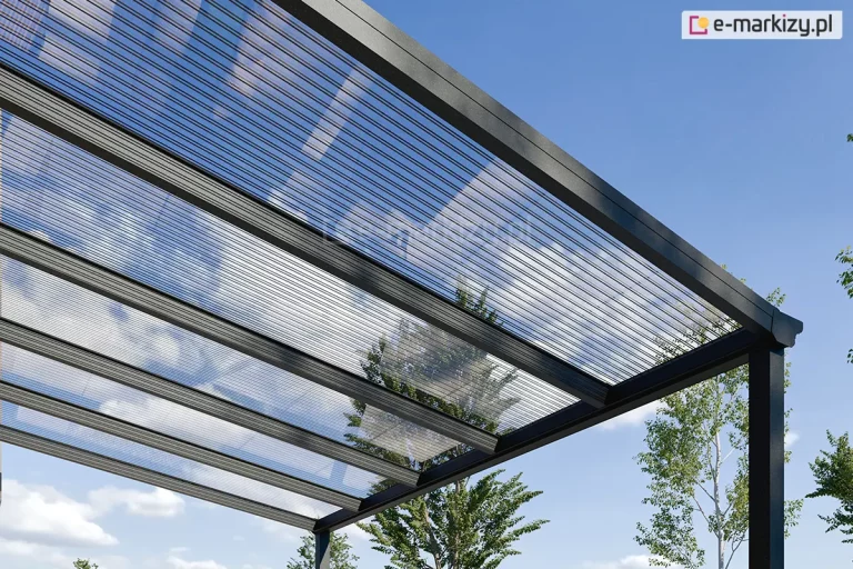 zadaszenie tarasu z antracytową konstrukcją i ultraprzejrzystym poliwęglanem na dachu. Przez płyty i pod zadaszeniem widoczne wysokie drzewa liściaste oraz niebieskie, lekko zachmurzone niebo.