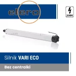 Zdjęcie prezentuje profesjonalny napęd elektryczny marki elero, model VARI ECO, przeznaczony do automatyzacji osłon przeciwsłonecznych typu Veranda. Silnik rurowy posiada smukłą obudowę w kolorze białym z czarnymi wykończeniami na końcach. Z prawej strony widoczna jest czarna głowica napędu, z której wyprowadzony jest krótki przewód sterujący. Grafika zawiera niebieskie panele informacyjne: górny z logotypem elero wpisanym w pomarańczowy okrąg oraz dolny z białą nazwą Silnik VARI ECO. Pod nim umieszczono szary pasek z dopiskiem Bez centralki, co wskazuje na model przewodowy. W prawym górnym rogu znajduje się ikona błyskawicy w ramce z oznaczeniem 230V, potwierdzająca standardowe zasilanie sieciowe urządzenia.