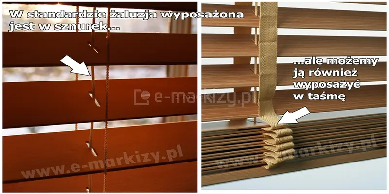 Grafika porównawcza przedstawia dwa rodzaje wykończenia drabinek, w jakie mogą być wyposażone żaluzje drewniane 50 mm, podzielona na dwie sekcje z opisami tekstowymi. Lewa strona obrazu prezentuje wariant standardowy z drabinką sznurkową, gdzie biała strzałka wskazuje na cienkie, brązowe sznurki przechodzące przez precyzyjne otwory wycięte w środkowej części drewnianych lameli. Tekst powyżej informuje, że w standardzie żaluzja wyposażona jest w sznurek. Prawa część grafiki pokazuje opcjonalne wykończenie z wykorzystaniem szerokiej drabinki taśmowej w kolorze piaskowym lub beżowym. Biała strzałka w tej sekcji wskazuje na materiałową taśmę o wyraźnym splocie, która estetycznie przykrywa otwory montażowe w lamelach, nakładając się na nie od frontu. Napis w tej części wyjaśnia, że produkt można również wyposażyć w taśmę. Obie fotografie ukazują żaluzje drewniane 50 mm w ciepłym odcieniu naturalnego drewna, przy czym prawa strona dodatkowo demonstruje sposób układania się taśmy w efektowne fałdy przy podciągniętym pakiecie lameli.