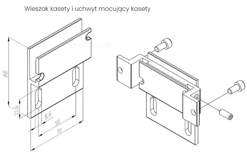 Rysunek techniczny przedstawiający detale konstrukcyjne elementów montażowych markizy bocznej Bora, wykonany w formie czarno-białego schematu liniowego na białym tle. Grafika składa się z dwóch powiązanych ze sobą szkiców aksonometrycznych z podpisem Wieszak kasety i uchwyt mocujący kasety umieszczonym centralnie u góry. Lewy szkic prezentuje sam wieszak kasety w formie płaskiej płyty z charakterystycznym wycięciem w kształcie litery T w górnej części oraz dwoma pionowymi, owalnymi otworami montażowymi w dolnej części. Element ten posiada naniesione linie wymiarowe wskazujące na całkowitą wysokość wynoszącą 66 milimetrów, szerokość całkowitą 70 milimetrów oraz rozstaw otworów wynoszący 50 milimetrów. Dodatkowe wymiary określają wysokość części montażowej na 22,6 milimetra oraz szerokość wycięcia na 8,6 milimetra. Prawy szkic obrazuje sposób złożenia wieszaka z uchwytem mocującym kasetę. Uchwyt ma formę wyprofilowanego profilu w kształcie ceownika z dodatkowymi skrzydełkami, który nakłada się na wieszak. Linie pomocnicze wskazują miejsca wprowadzenia trzech śrub imbusowych, które stabilizują połączenie obu elementów. Konstrukcja uchwytu jest ażurowa, co pozwala na precyzyjne osadzenie i zablokowanie kasety markizy w pionie. Całość schematu służy jako instrukcja wizualna ułatwiająca zrozumienie systemu zawieszenia markizy na ścianie budynku.