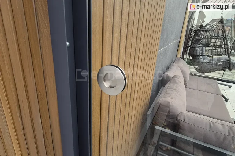 Zbliżenie na okrągły uchwyt montowany na panelu szklanym systemu Auris - duży, ergonomiczny okrągły uchwyt wykonany z metalu, osadzony centralnie na tafli szkła. Uchwyt ma gładką, matową powierzchnię i delikatnie zaokrąglone krawędzie, co zapewnia wygodny chwyt podczas przesuwania paneli. Szkło jest transparentne i osadzone w niewidocznej, dolnej prowadnicy, co nadaje całej konstrukcji minimalistyczny charakter. W tle widoczne meble wypoczynkowe, w tym niska sofa i fotel typu kokon.