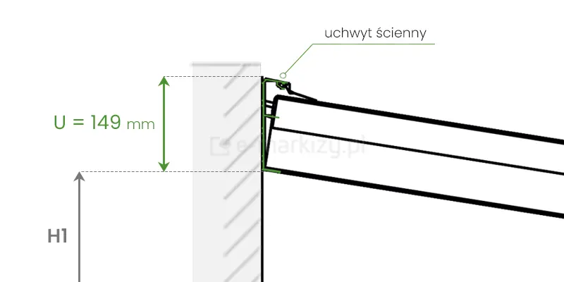 Rysunek techniczny przedstawia schemat montażu profilu przyściennego zadaszenia Terano wraz z jego kluczowym wymiarem. Na przekroju bocznym widoczny jest aluminiowy uchwyt ścienny przymocowany bezpośrednio do pionowej płaszczyzny ściany, w którym osadzona jest krokiew dachowa pod kątem nachylenia. Najważniejszym parametrem wskazanym na grafice jest wysokość montażowa samego uchwytu, oznaczona symbolem U, która wynosi dokładnie 149 mm. Poniżej profilu znajduje się linia wymiarowa z oznaczeniem H1, wskazująca na całkowitą wysokość montażu zadaszenia mierzoną od podłoża do dolnej krawędzi elementu ściennego. Schematycznie zaznaczono również uszczelnienie oraz sposób połączenia krokwi z listwą montażową, co obrazuje stabilność i szczelność konstrukcji w punkcie styku z elewacją budynku.