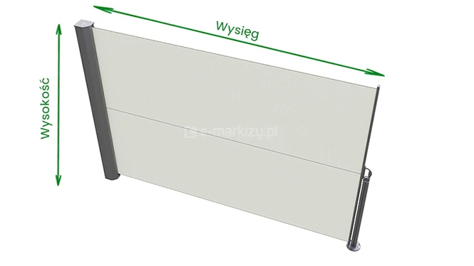 Markiza boczna Bora Selt pomiar wysokości i wysięgu przedstawiony na wizualizacji markizy z rozwiniętym białym poszyciem i mocowaniem w wariancie typ 1 w kolorze antracytowym. Po lewej stronie, pomiędzy skrajami kasety umieszczono dwukierunkową zieloną strzałkę, wzdłuż której znajduje się napis "wysokość". Ponad poszyciem od skraju kasety do końca belki przedniej (bez uchwytu) umieszczono zieloną dwukierunkową strzałkę wzdłuż której znajduje się napis "wysięg".