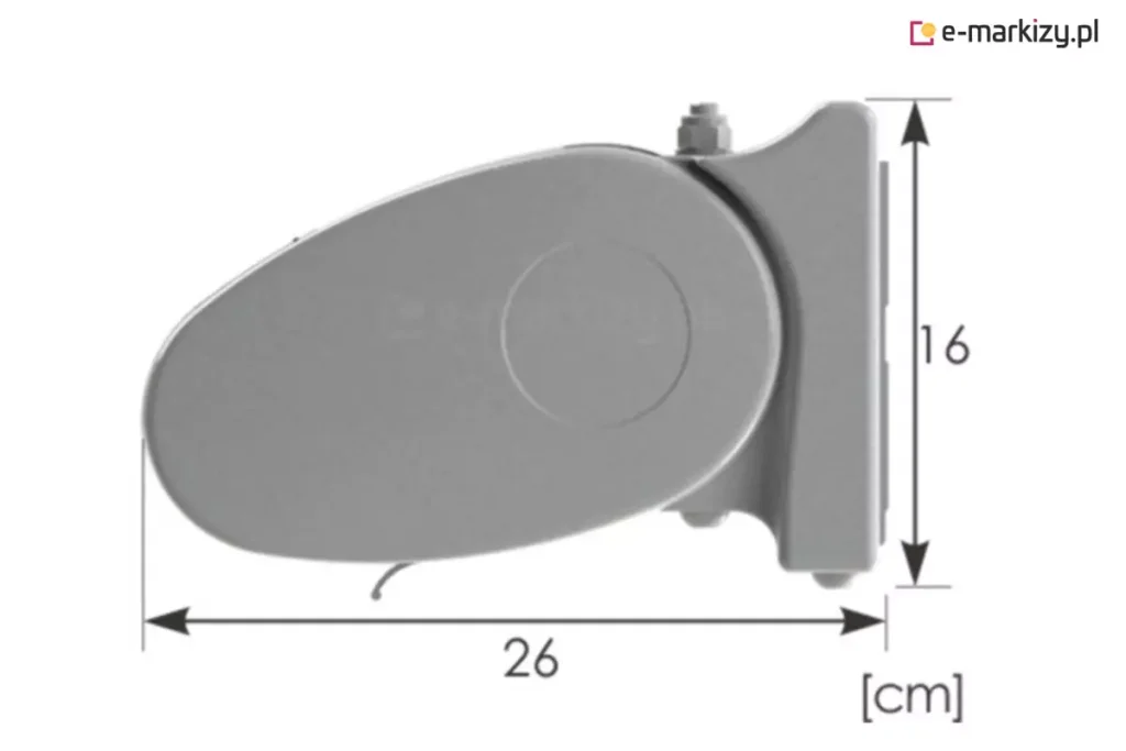 Rysunek techniczny przedstawia szczegółowe wymiary, jakie posiada kaseta, w której chowana jest markiza Presto Plus, ukazana w przekroju bocznym na białym tle. Obudowa o aerodynamicznym, eliptycznym kształcie została zwymiarowana za pomocą czarnych strzałek pomocniczych, wskazujących całkowitą głębokość oraz wysokość konstrukcji. Całkowita szerokość profilu wraz z uchwytem montażowym wynosi 26 cm, natomiast wysokość tylnej płyty montażowej przylegającej do ściany to 16 cm. Grafika utrzymana jest w jasnoszarej kolorystyce, wyraźnie prezentując proporcje komponentów oraz sposób przylegania zaokrąglonej osłony do pionowego wspornika. W dolnej części schematu widoczna jest jednostka miary określona jako centymetry, co pozwala na precyzyjne zaplanowanie przestrzeni montażowej dla systemu osłonowego. Zdjęcie prezentuje montaż markizy Presto PLUS w wersji do ściany widoczny od boku.