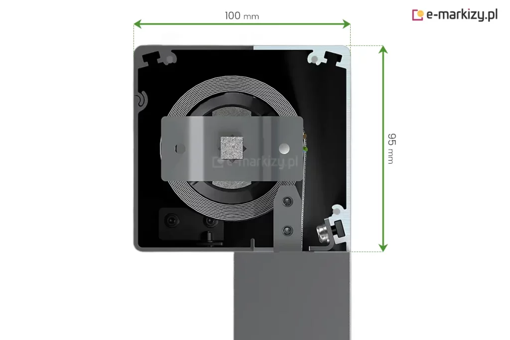 Przekrój boczny budowy kasety refleksola Ziiip 95 Selt z widoczną wewnątrz rurą nawojową z tkaniną oraz elementami budowy kasety. Ponad kasetą, od jej skrajnych krawędzi kaswty poprowadzono w górę przerywane linie, pomiędzy którymi zamieszczono zieloną dwukierunkową strzałkę. Nad strzałką napis "100 mm". Po prawej stronie, od górnej krawędzi kasety oraz zakończenia kasety na dole poprowadzono w bok przerywane linie, pomiędzy którymi zamieszczono zielona dwukierunkową strzałkę. Obok strzałki po prawej stronie napis "95 mm".