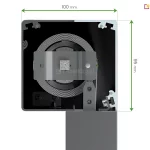 Przekrój boczny budowy kasety refleksola Ziiip 95 Selt z widoczną wewnątrz rurą nawojową z tkaniną oraz elementami budowy kasety. Ponad kasetą, od jej skrajnych krawędzi kaswty poprowadzono w górę przerywane linie, pomiędzy którymi zamieszczono zieloną dwukierunkową strzałkę. Nad strzałką napis "100 mm". Po prawej stronie, od górnej krawędzi kasety oraz zakończenia kasety na dole poprowadzono w bok przerywane linie, pomiędzy którymi zamieszczono zielona dwukierunkową strzałkę. Obok strzałki po prawej stronie napis "95 mm".