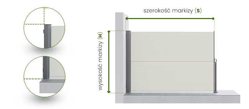 Rysunek Markiza boczna Bora Pomiar przedstawia poglądową wizualizację 3D markizy bocznej Bora zamontowanej na tarasie, służącą jako instrukcja pomiaru parametrów produktu. Na głównym obrazie po prawej stronie widać rozwiniętą markizę z tkaniną w kolorze jasnokremowym, rozpiętą między ciemnoszarą kasetą zamontowaną do białej ściany budynku a niskim słupkiem końcowym przytwierdzonym do podłoża. Zielone linie pomocnicze z grotami strzałek definiują dwa kluczowe wymiary: pionowa linia opisuje wysokość markizy (H), mierzoną od dolnej do górnej krawędzi kasety, natomiast pozioma linia określa szerokość markizy (S), mierzoną od ściany do osi słupka końcowego. Po lewej stronie grafiki umieszczono dwa powiększone detale w okręgach, które precyzują punkty styku urządzenia z architekturą: górny detal pokazuje wyrównanie krawędzi kasety, a dolny styku kasety z podłożem tarasu. Całość prezentacji ma charakter instruktażowy, łącząc realistyczny wygląd produktów z czytelnymi oznaczeniami technicznymi naniesionymi zieloną czcionką.