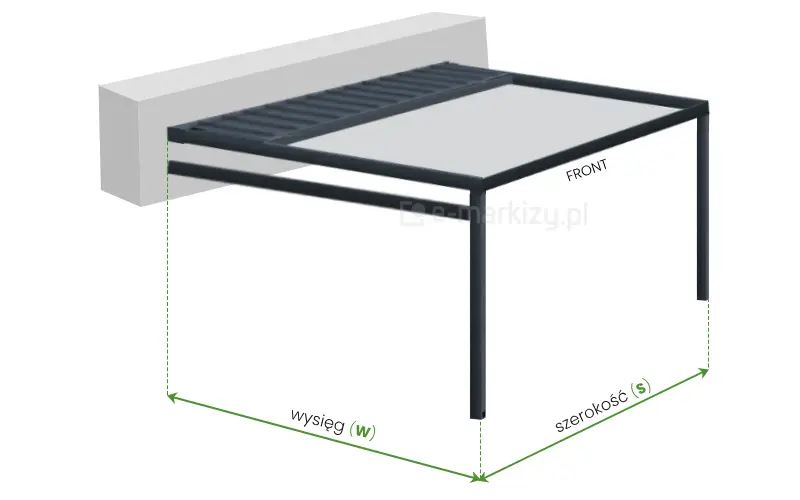 Pergola Square Flat Przyścienna Pomiar szerokości i wysięgu oznaczony na przymocowanej do fragmentu ściany pergoli. Szerokość oznaczono od strony podpisanej przy konstrukcji "Front", od zewnętrznych krawędzi podpór przednich, pomiędzy którymi zaznaczono zieloną dwukierunkową strzałką pomiar szerokości. Ponad strzałką napis "szerokość (s)". Po lewej na bocznej ścianie pergoli, pomiędzy ścianą a skrajem zewnętrznym podpory frontowej zamieszczono strzałkę dwukierunkową w zielonym kolorze, oznaczającą pomiar wysięgu. Ponad strzałką napis "Wysięg (W)".