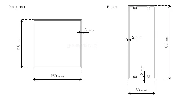 Schemat techniczny przedstawia przekroje poprzeczne dwóch aluminiowych elementów konstrukcyjnych systemu zadaszenia tarasu Spekta Glass, którymi są podpora oraz belka, wraz z ich dokładnym wymiarowaniem. Po lewej stronie widoczny jest przekrój podpory o kształcie kwadratu, której zewnętrzne wymiary boków wynoszą 150 mm na 150 mm, natomiast grubość ścianki profilu została określona na 3 mm. Po prawej stronie znajduje się przekrój belki o kształcie prostokątnym, której wysokość zewnętrzna wynosi 165 mm, a szerokość 60 mm. Profil belki charakteryzuje się zróżnicowaną grubością ścianek, gdzie pionowe ścianki boczne mają grubość 2 mm, natomiast poziome ścianki dolna i górna mają grubość 3 mm. Wewnątrz profilu belki, przy górnej i dolnej krawędzi, widoczne są dodatkowe wypustki techniczne o kolistym kształcie, służące do montażu elementów systemowych. Całość rysunku wykonana jest w formie czarnych linii konturowych na białym tle z czytelnymi liniami pomocniczymi i opisami wymiarów w milimetrach.