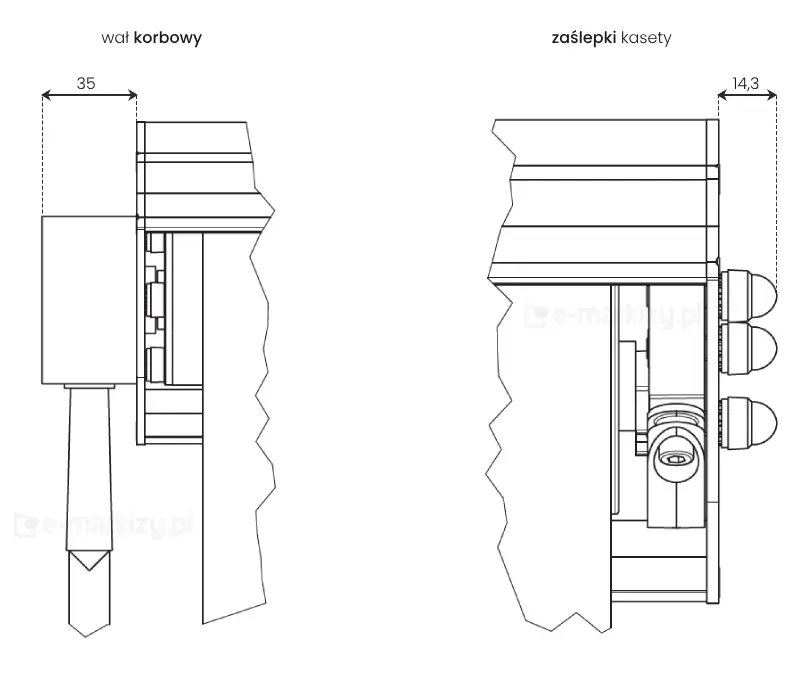 Grafika techniczna przedstawia dwa szczegółowe rzuty elementów konstrukcyjnych kasety markizy balkonowej w kasecie, skupiając się na mechanizmie napędowym oraz wykończeniu bocznym. Rysunek jest wykonany w formie czarnego schematu liniowego na białym tle. Lewa część schematu, opisana jako „wał korbowy”, ukazuje widok boczny mechanizmu odpowiedzialnego za zwijanie i rozwijanie tkaniny. Widoczny jest wystający element przekładni o szerokości 35 mm, do którego podłączone jest ucho korby. Mechanizm jest zintegrowany z krawędzią kasety, której profil ma wyraźne, poziome przetłoczenia wzmacniające. Prawa część schematu, zatytułowana „zaślepki kasety”, przedstawia widok na przeciwległy bok urządzenia lub detale wykończeniowe profilu. Z boku obudowy wystają trzy zaokrąglone elementy o charakterze dekoracyjno-ochronnym, których łączna szerokość (wystawanie poza obrys kasety) wynosi 14,3 mm. Podobnie jak na rzucie lewym, widoczna jest tutaj struktura boczna kasety oraz fragment krawędzi tkaniny. Oba rysunki zawierają precyzyjne linie wymiarowe z wartościami podanymi w milimetrach, co pozwala na dokładne określenie całkowitej szerokości konstrukcji wraz z elementami wystającymi poza główny profil aluminiowy, zwiększające szerokość osłony.