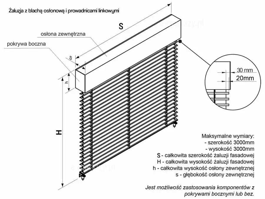 Rysunek techniczny przedstawiający żaluzję fasadową C50L z blachą osłonową i prowadnicami linkowymi wraz z naniesionym schematem wymiarowania. Główny widok izometryczny prezentuje żaluzję w kolorze jasnoszarym, gdzie literą S oznaczono całkowitą szerokość, a literą H całkowitą wysokość konstrukcji. Dodatkowe oznaczenia literowe określają wymiary osłony zewnętrznej: h jako jej wysokość oraz s jako jej głębokość. Po prawej stronie znajduje się powiększony detal górnego narożnika, wskazujący 20 mm odległości lameli od krawędzi bocznej osłony oraz 30 mm całkowitego marginesu bocznego. W dolnej części grafiki zamieszczono informacje tekstowe o maksymalnych wymiarach produktu wynoszących 3000 mm szerokości oraz 3000 mm wysokości, a także informację o możliwości zastosowania komponentów z pokrywami bocznymi lub bez nich.
