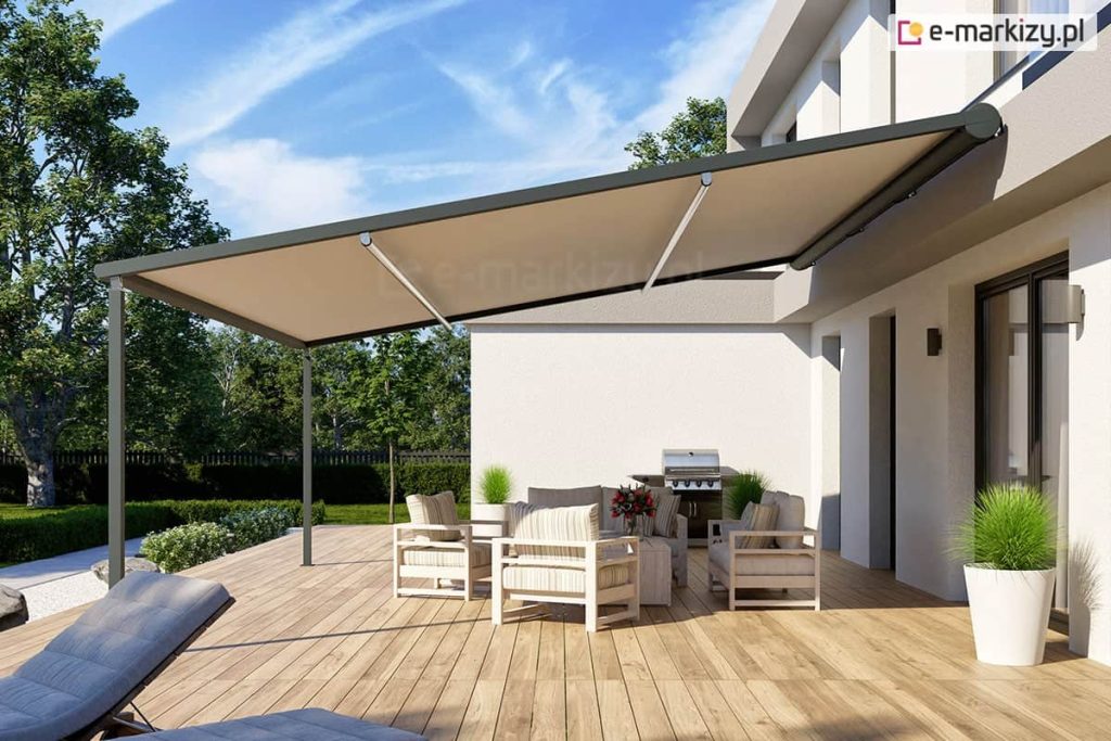 Elegancka pergola zamocowana do ściany domu jednorodzinnego