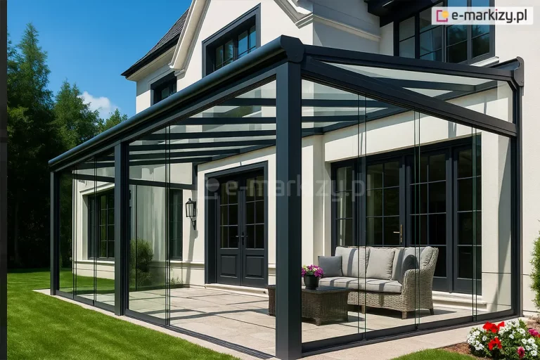 Nowoczesna zabudowa tarasu w formie ogrodu zimowego, przylegająca do elewacji domu jednorodzinnego. Konstrukcja wykonana z ciemnych, aluminiowych profili i całkowicie przeszklona – zarówno ściany boczne, jak i dach z przezroczystych paneli szklanych. Przesuwne tafle bezramowe Mrios zapewniają panoramiczny widok i ochronę przed warunkami atmosferycznymi. Wewnątrz widoczna sofa ogrodowa z technorattanu w komplecie ze stolikiem i kwiatami w doniczce. W tle kremowa elewacja z czarnymi oknami i drzwiami z podziałami szprosowymi. Otoczenie stanowi przystrzyżony trawnik i rabata kwiatowa.