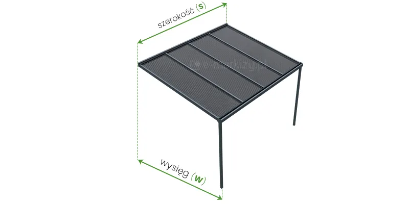 Zadaszenie Nebbiolo Deponti pomiar szerokości i wysięgu przedstawiony na schematycznym rysunku zadaszenia na białym tle. Ponad zadaszeniem od jego prawego i lewego końca poprowadzono w górę przerywane linie, pomiędzy którymi umieszczono zieloną dwukierunkową strzałkę, a nad nią napis "szerokość (S)". Pod zadaszeniem, od skraju mocowania do ściany oraz od zewnętrznego skraju podpory pergoli poprowadzono w dół przerywane linie, pomiędzy którymi umieszczono zieloną dwukierunkową strzałkę. Nad strzałka napis "Wysięg (W)".
