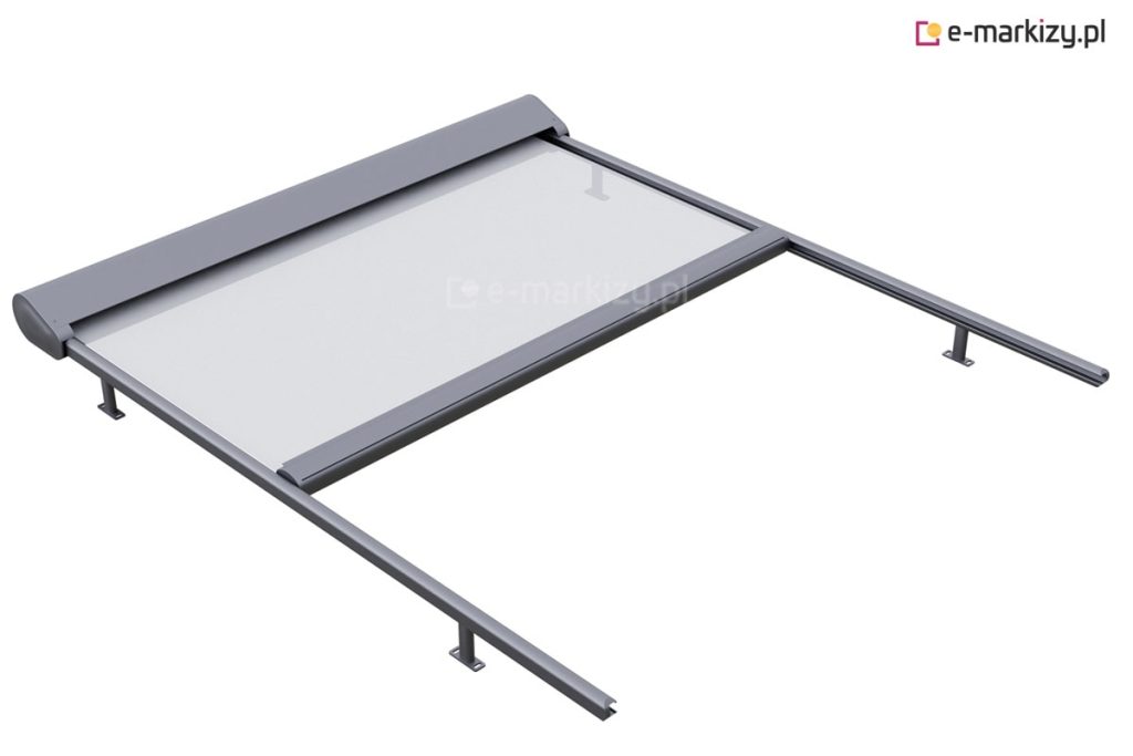 Budowa rolety poziomej veranda selt z widoczną belką przednią, w której ukryty jest system sprężynowego naciągu tkaniny