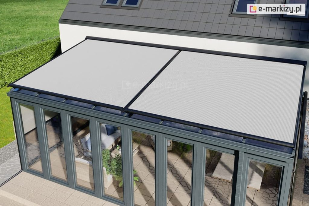 Dwumodułowy system poziomy veranda zamocowany na grafitowej konstrukcji ogrodu zimowego