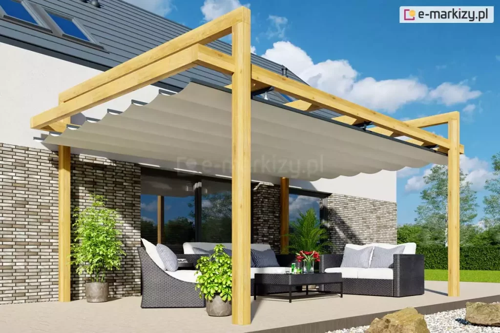 Pergola drewniana kolumnowa Moza z dachem Supro osłania meble tarasowe oraz rośliny doniczkowe na tarasie, zapewnia także zacienienie okna tarasowego oraz pomieszczenia znajdującego się za tym oknem.