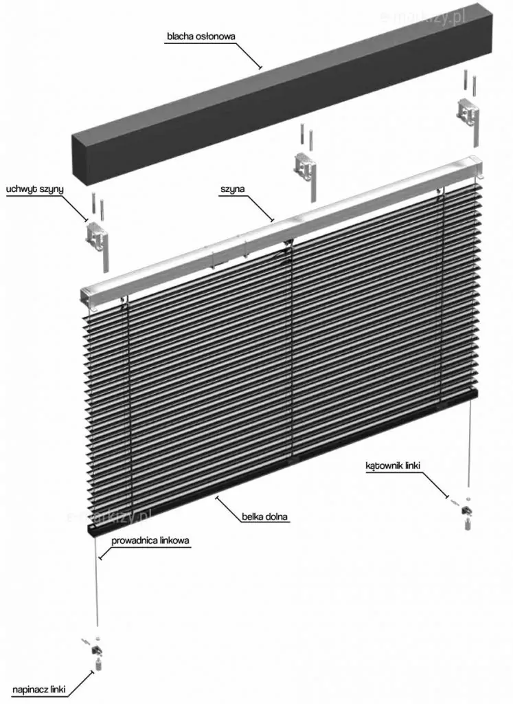 Schemat techniczny w formie eksplodowanego widoku (exploded view) prezentujący poszczególne komponenty żaluzji fasadowej C50L. Na samej górze znajduje się czarna blacha osłonowa o przekroju prostokątnym, pod którą rozmieszczono uchwyty szyny z elementami mocującymi. Poniżej widoczna jest stalowa szyna górna, z której wyprowadzony jest pancerz składający się z poziomych lameli aluminiowych. Dolna krawędź żaluzji wykończona jest belką dolną. Po obu stronach pancerza przebiegają pionowe prowadnice linkowe, które u dołu przechodzą przez kątowniki linki i są zakończone napinaczami linki. Wszystkie kluczowe elementy systemu zostały wskazane za pomocą linii pomocniczych i podpisane polską terminologią techniczną na białym tle.
