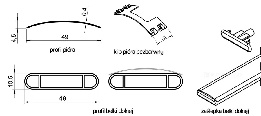 Rysunek techniczny prezentujący szczegółowe przekroje i detale konstrukcyjne elementów żaluzji C50L. W lewym górnym rogu znajduje się schemat profilu pióra o szerokości 49 mm, wysokości łuku 4,5 mm i grubości materiału 0,4 mm. Obok umieszczono wizualizację bezbarwnego klipu pióra o szerokości 20 mm. Dolna część grafiki przedstawia profil belki dolnej o szerokości 49 mm i wysokości 10,5 mm, ukazany zarówno jako schematyczny przekrój z wewnętrznymi komorami, jak i w zestawieniu z nałożonym profilem pióra. Po prawej stronie widnieje izometryczny widok zakończenia belki dolnej wraz z dopasowaną kształtem zaślepką. Wszystkie schematy są precyzyjnie zwymiarowane w milimetrach i wykonane w czarno-białej estetyce rysunku inżynieryjnego.