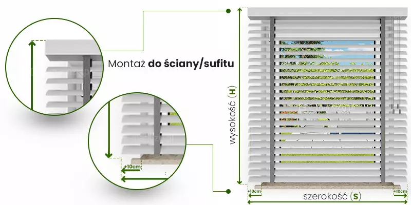 Żaluzja aluminiowa 50 mm instrukcja pomiaru mocowanie do ściany ukazane na przykładowej żaluzji zamocowanej nad oknem. Pomiar szerokości pokazano pod żaluzją, pomiędzy jej skrajami umieszczając zieloną dwukierunkową strzałkę z napisem nad nią "szerokość (S)". Dodatkowo nieco powyżej zamieszczono po obu bokach mniejsze strzałki zawarte pomiędzy krawędzią lamela a krawędzią wnęki z napisem "+10cm". Pomiar ten pokazano także w powiększeniu po lewej stronie w okrągłej ramce. Pomiar wysokości oznaczono do górnego brzegu kasety do końca belki dolnej żaluzji opisując go dwukierunkową zieloną strzałką z napisem przy niej "Wysokość (H)". Od górnego rogu żaluzji poprowadzono w lewo umieszczone w okrągłej ramce powiększenie miejsca pomiaru.